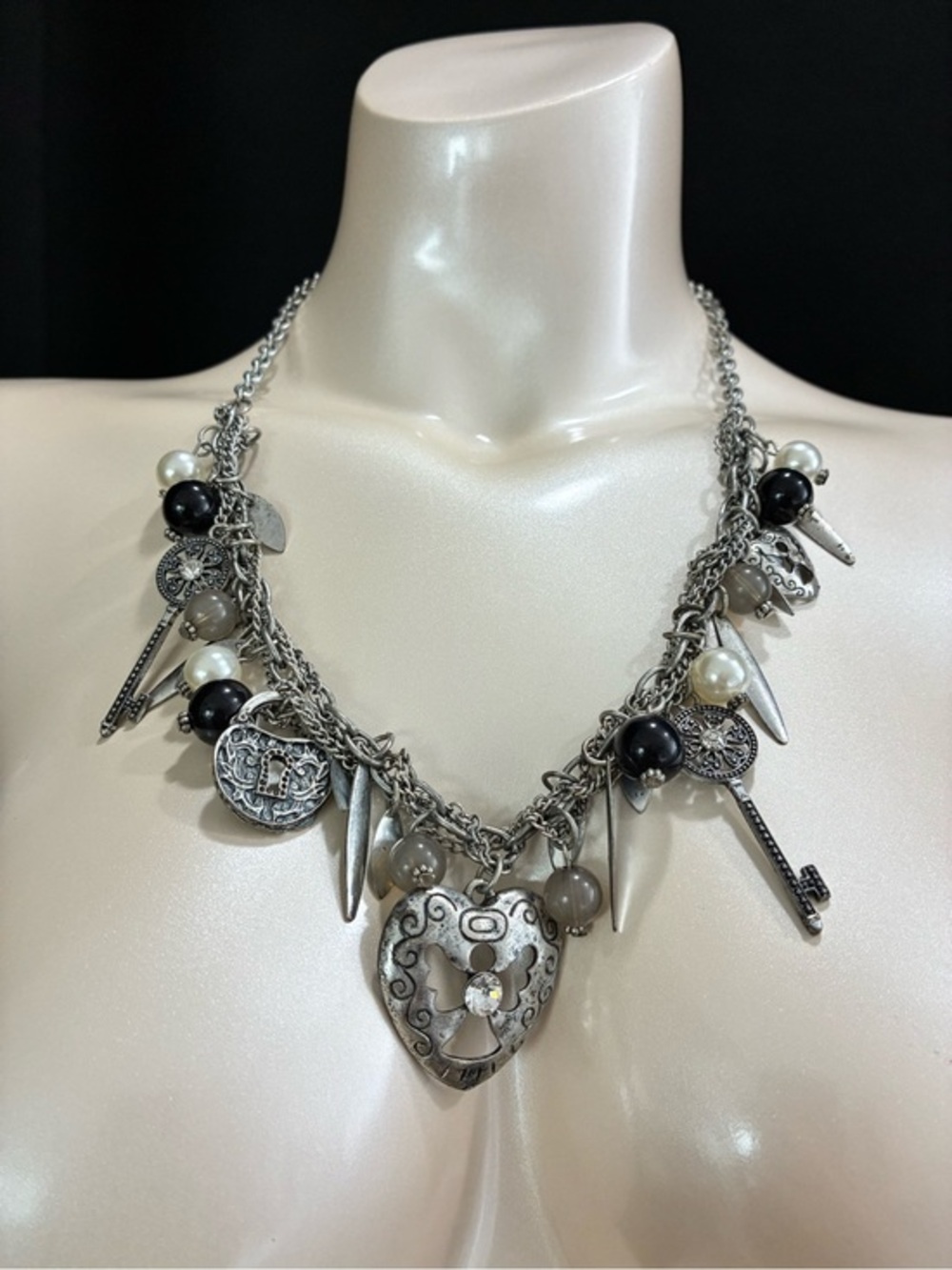 Chunky Dark Bohemian Silver Heart Charm Necklace with Black and Pearl Accents